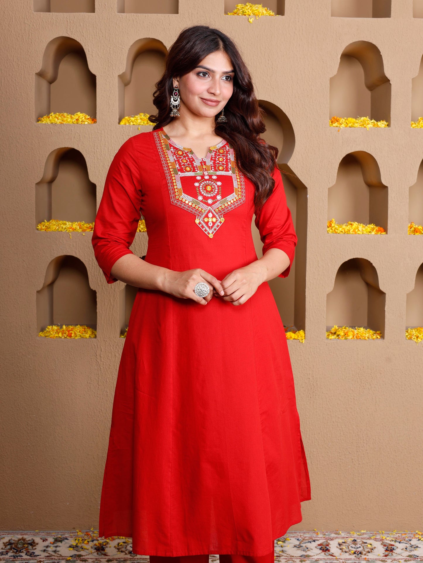 Embroidered Soft cotton Solid Flared Red Kurta