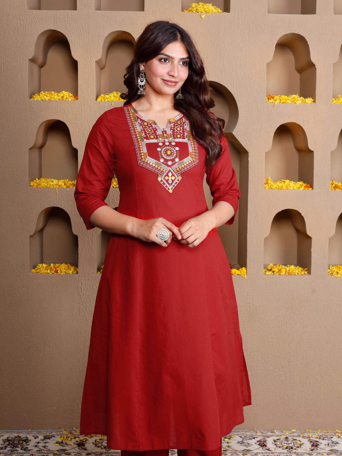 Embroidered Soft Cotton Solid Flared Red Kurta