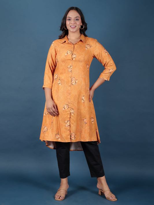 Viscose Floral High Low Gold Kurta