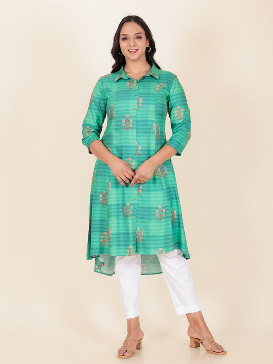 Viscose Floral High Low Green Kurta