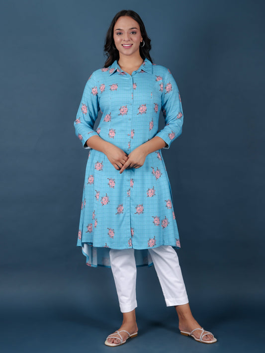 Viscose Floral High Low Blue Kurta