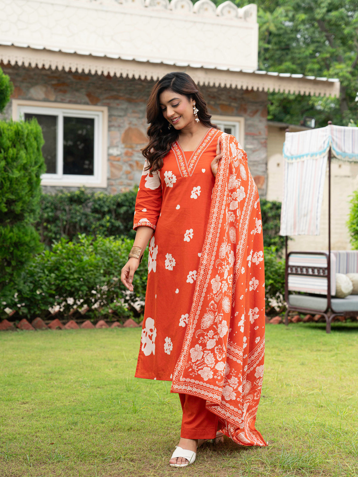 Cotton Voile Floral Orange Dupatta