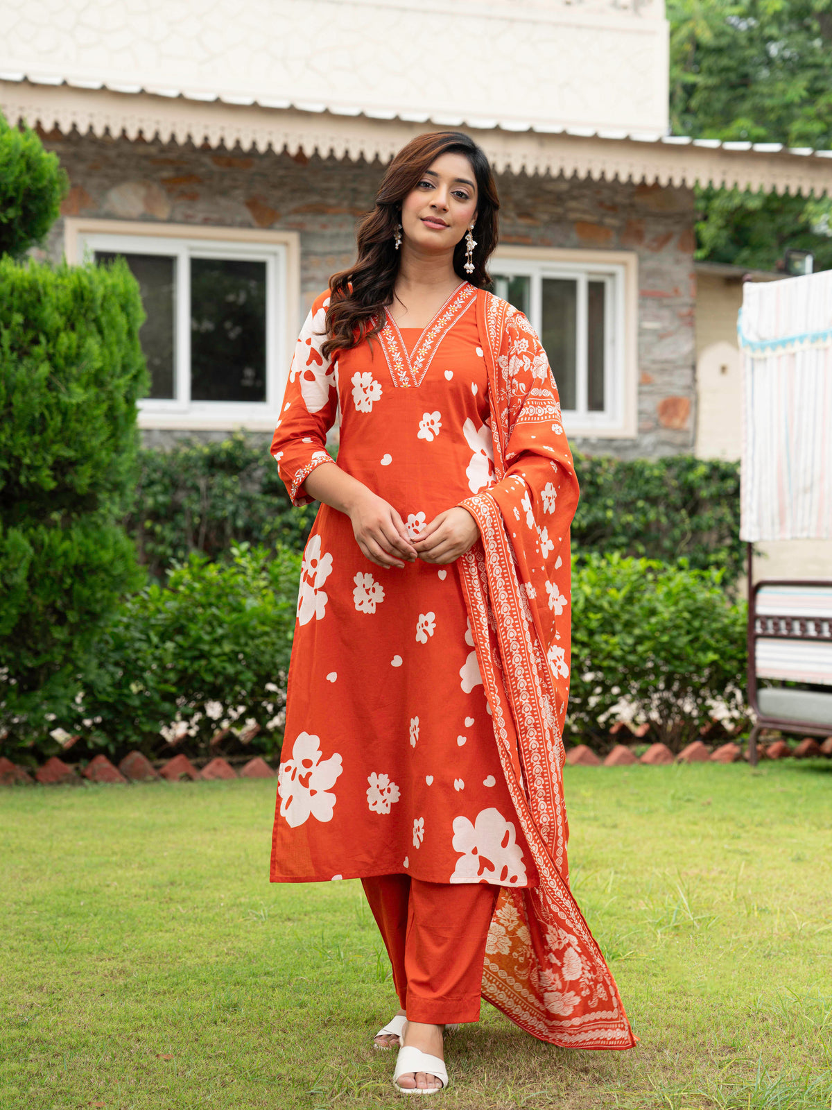 Embroidered Soft Cotton Floral Straight Orange Kurta