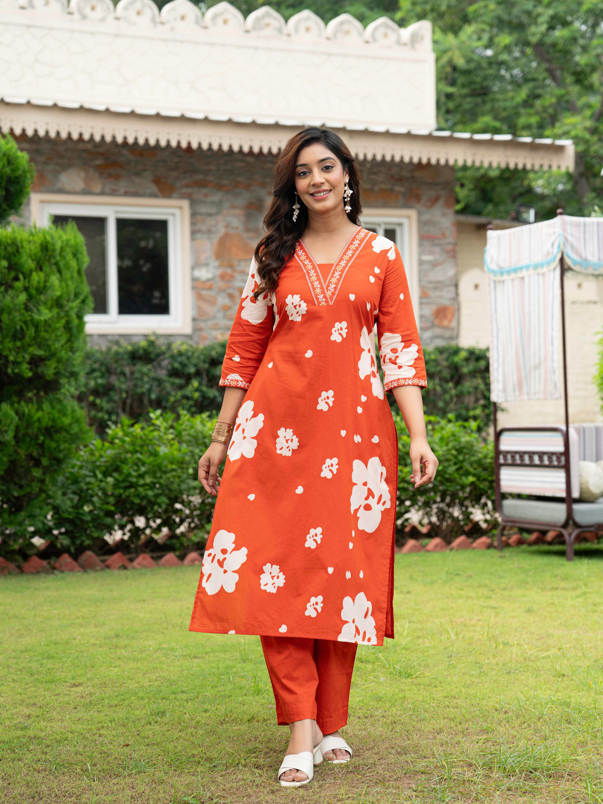 Embroidered Soft Cotton Floral Straight Orange Kurta