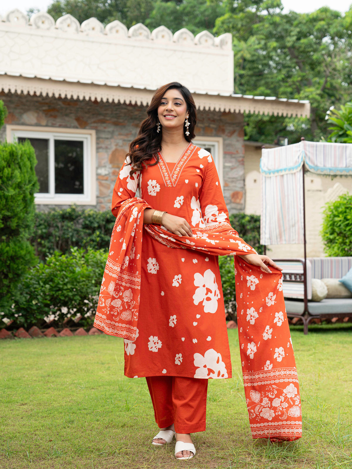 Embroidered Soft Cotton Floral Straight Orange Kurta