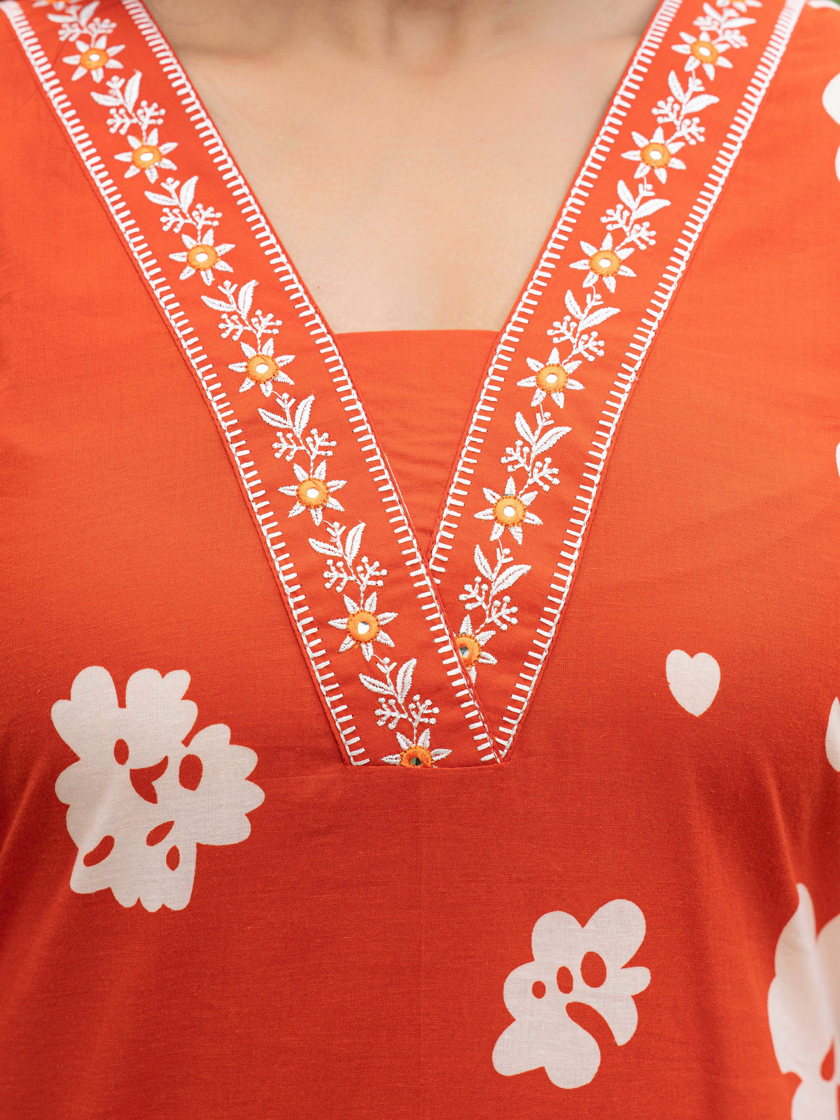 Embroidered Soft Cotton Floral Straight Orange Kurta