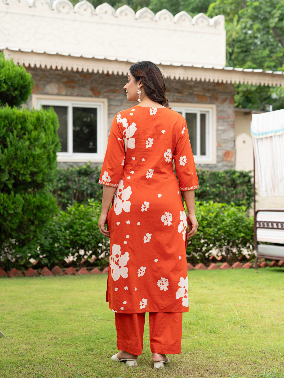 Embroidered Soft Cotton Floral Straight Orange Kurta