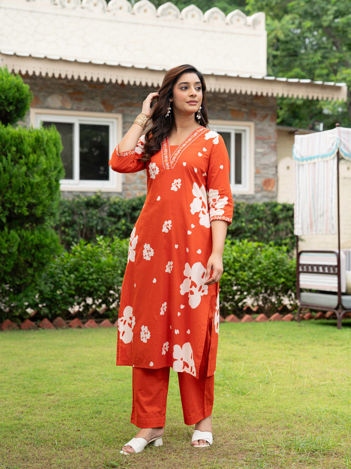 Embroidered Soft Cotton Floral Straight Orange Kurta