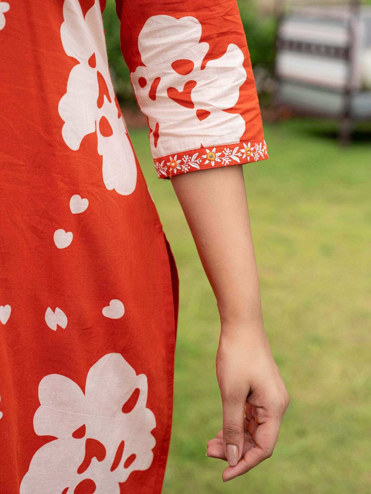 Embroidered Soft Cotton Floral Straight Orange Kurta