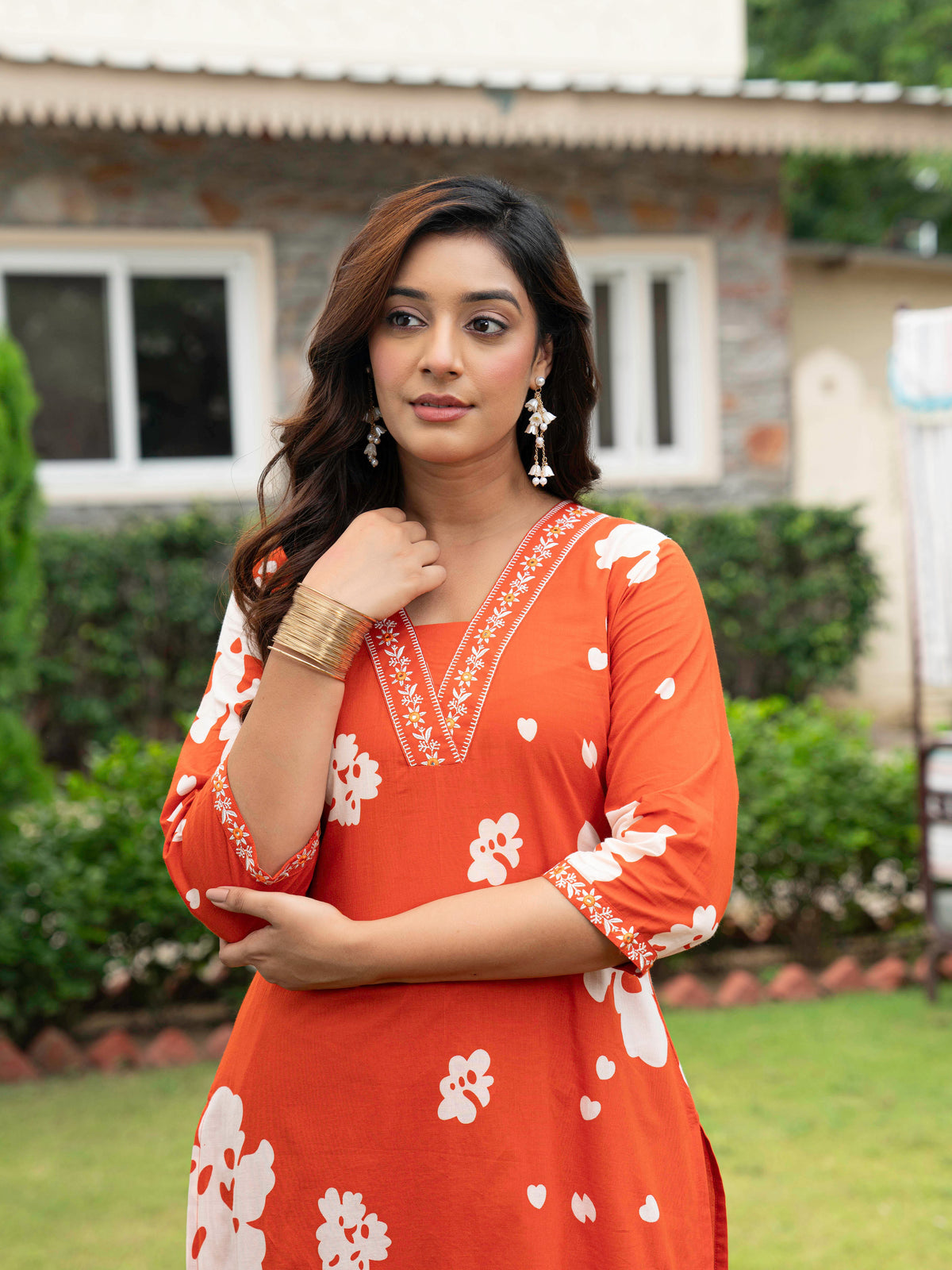 Embroidered Soft Cotton Floral Straight Orange Kurta