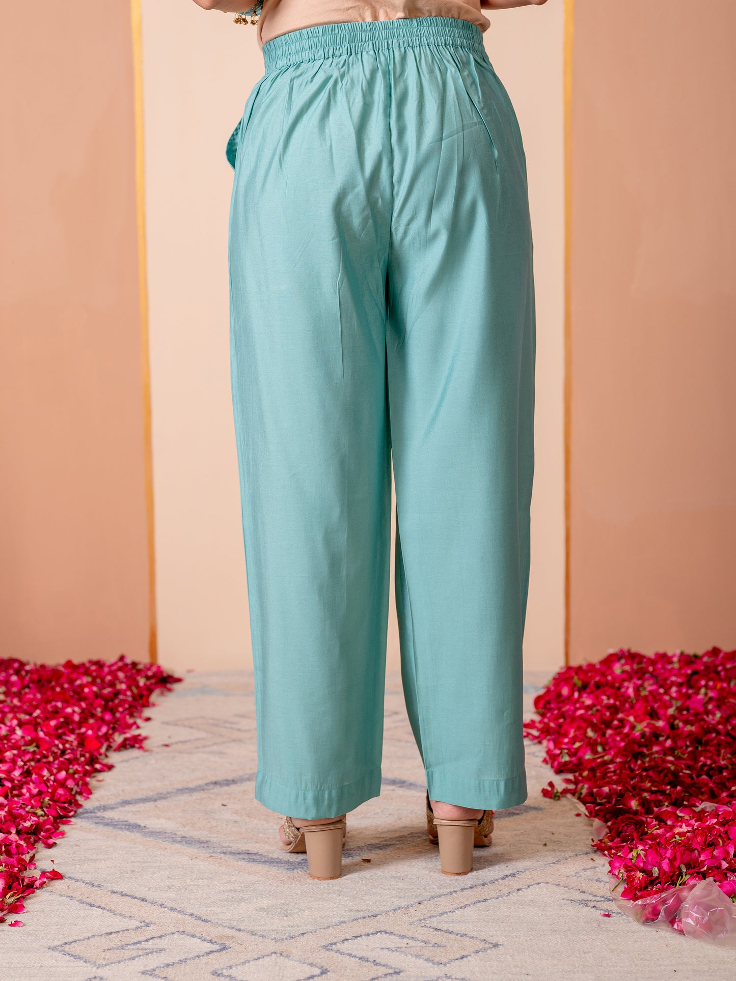 Chanderi Solid Teal Straight Trousers