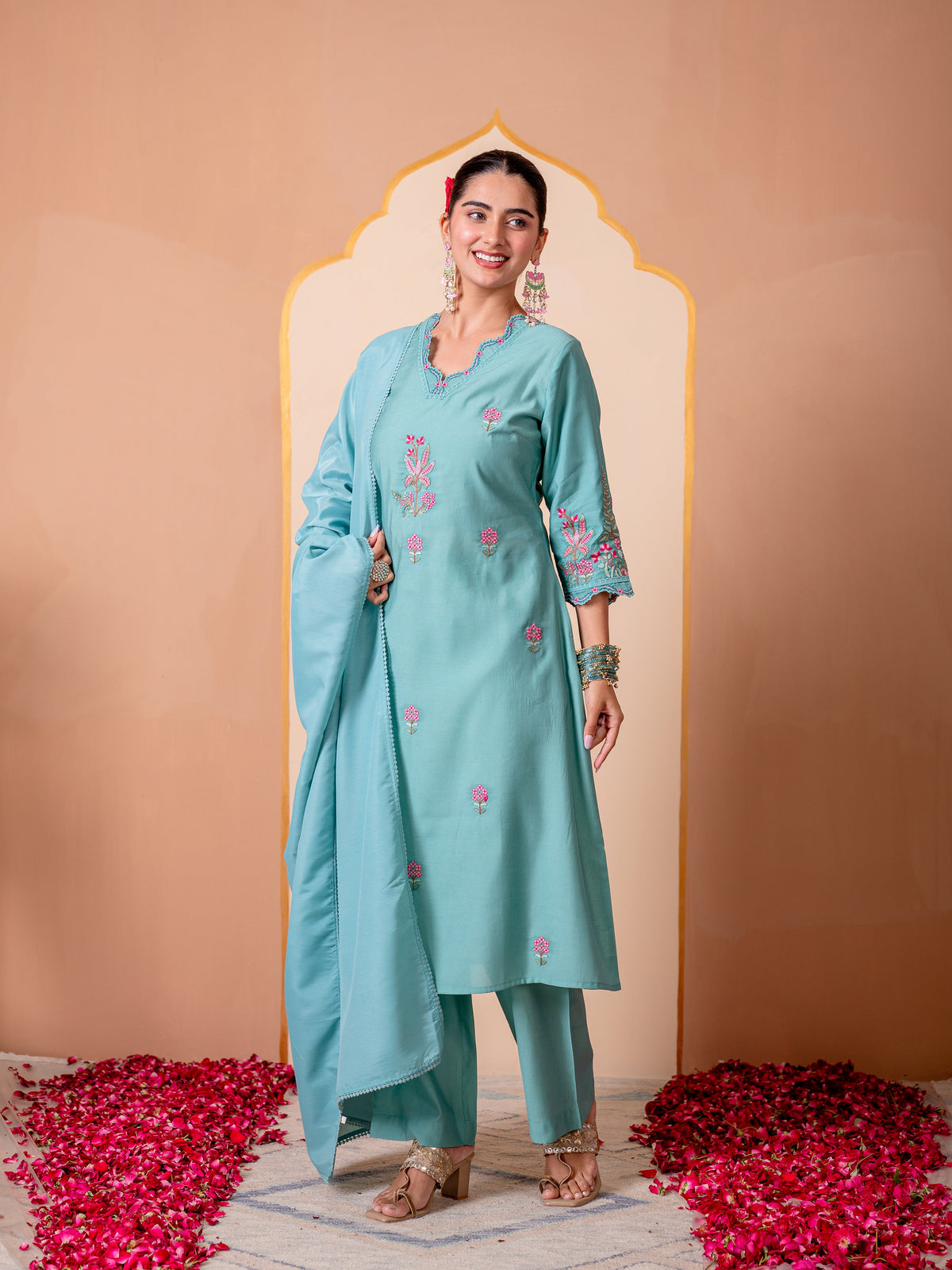Blended silk Solid Teal Dupatta