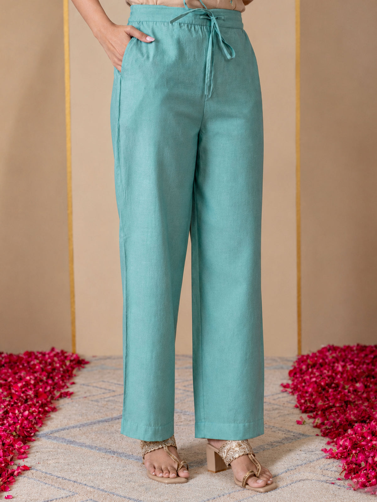 Chanderi Solid Teal Straight Trousers
