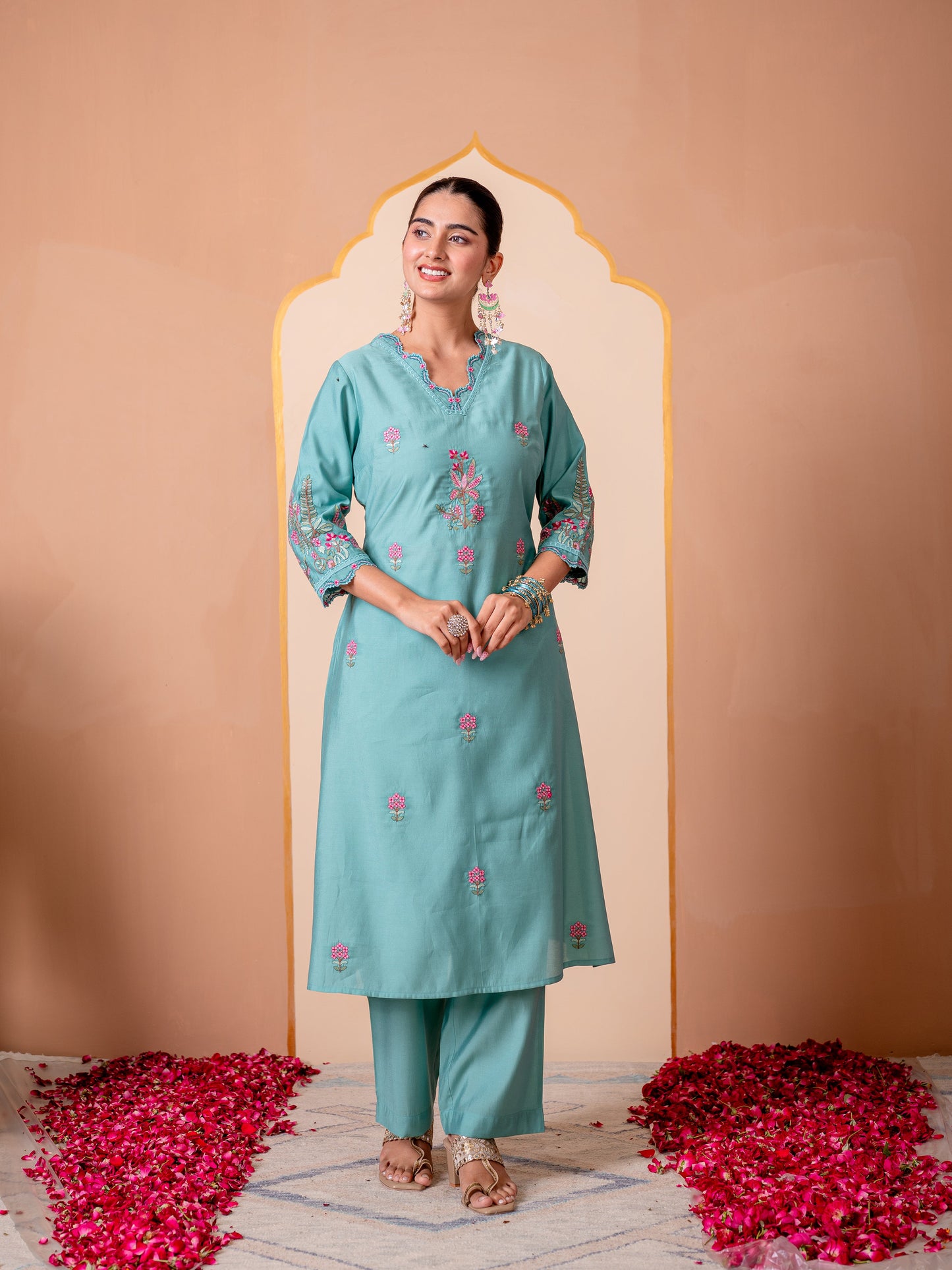 Embroidered Chanderi Solid Straight Teal Kurta