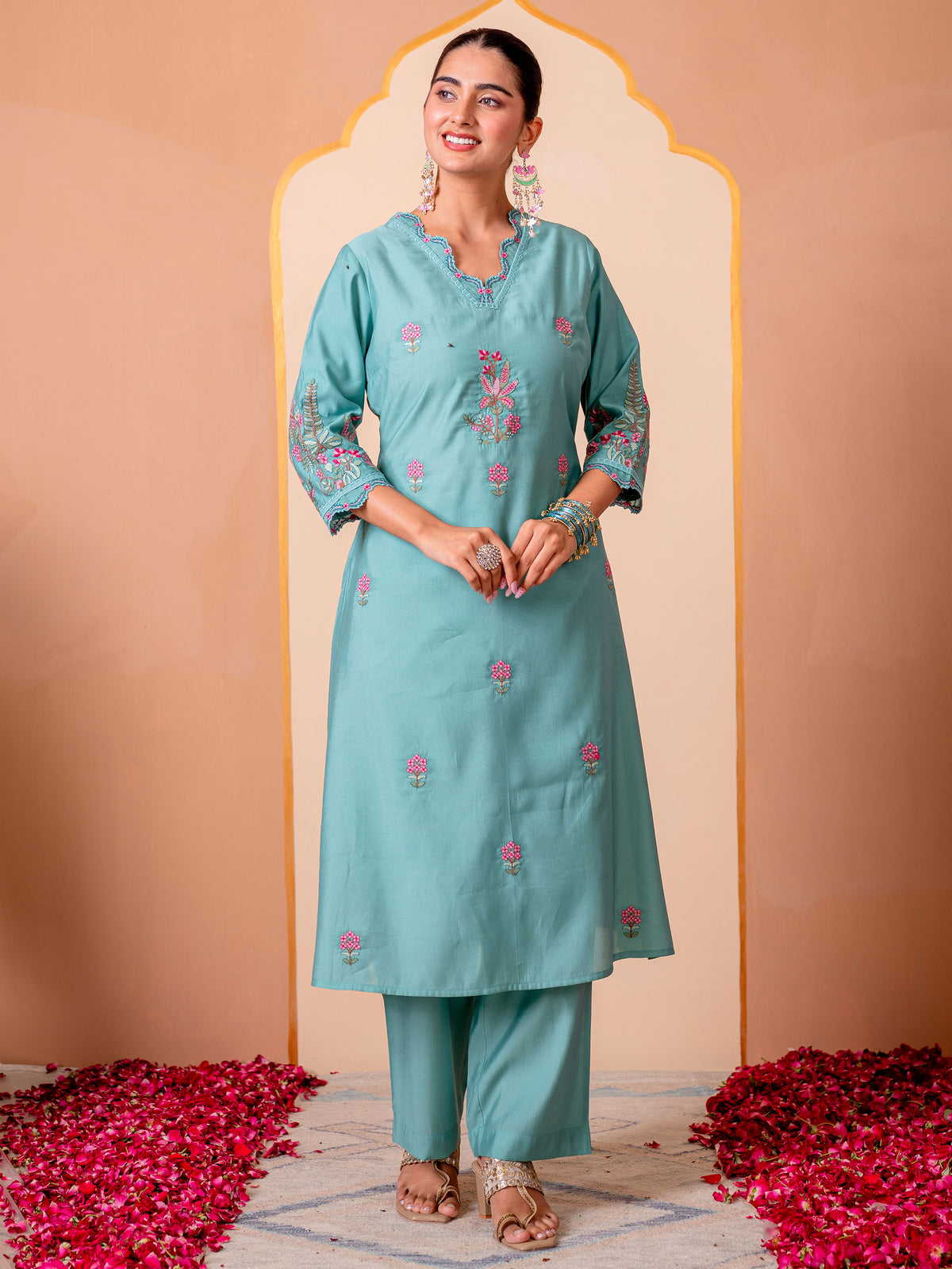 Embroidered Chanderi Solid Straight Teal Kurta