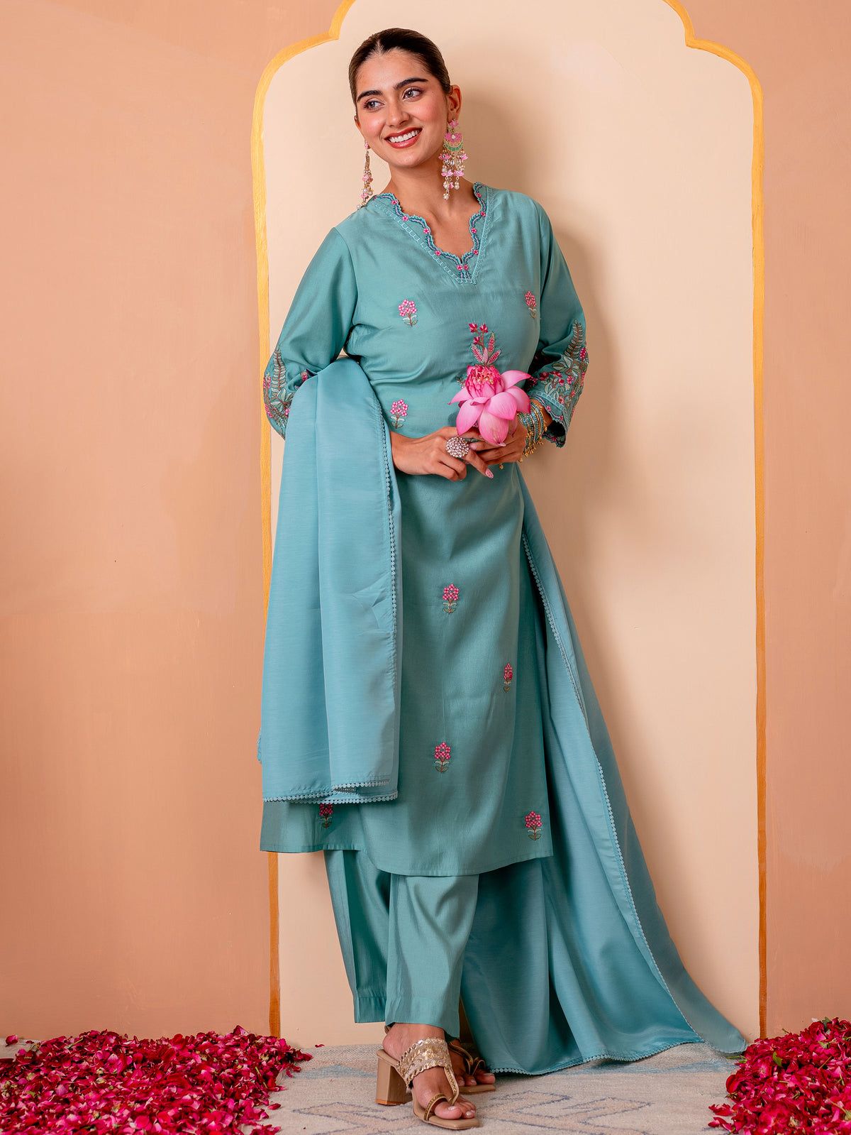 Embroidered Chanderi Solid Straight Teal Kurta