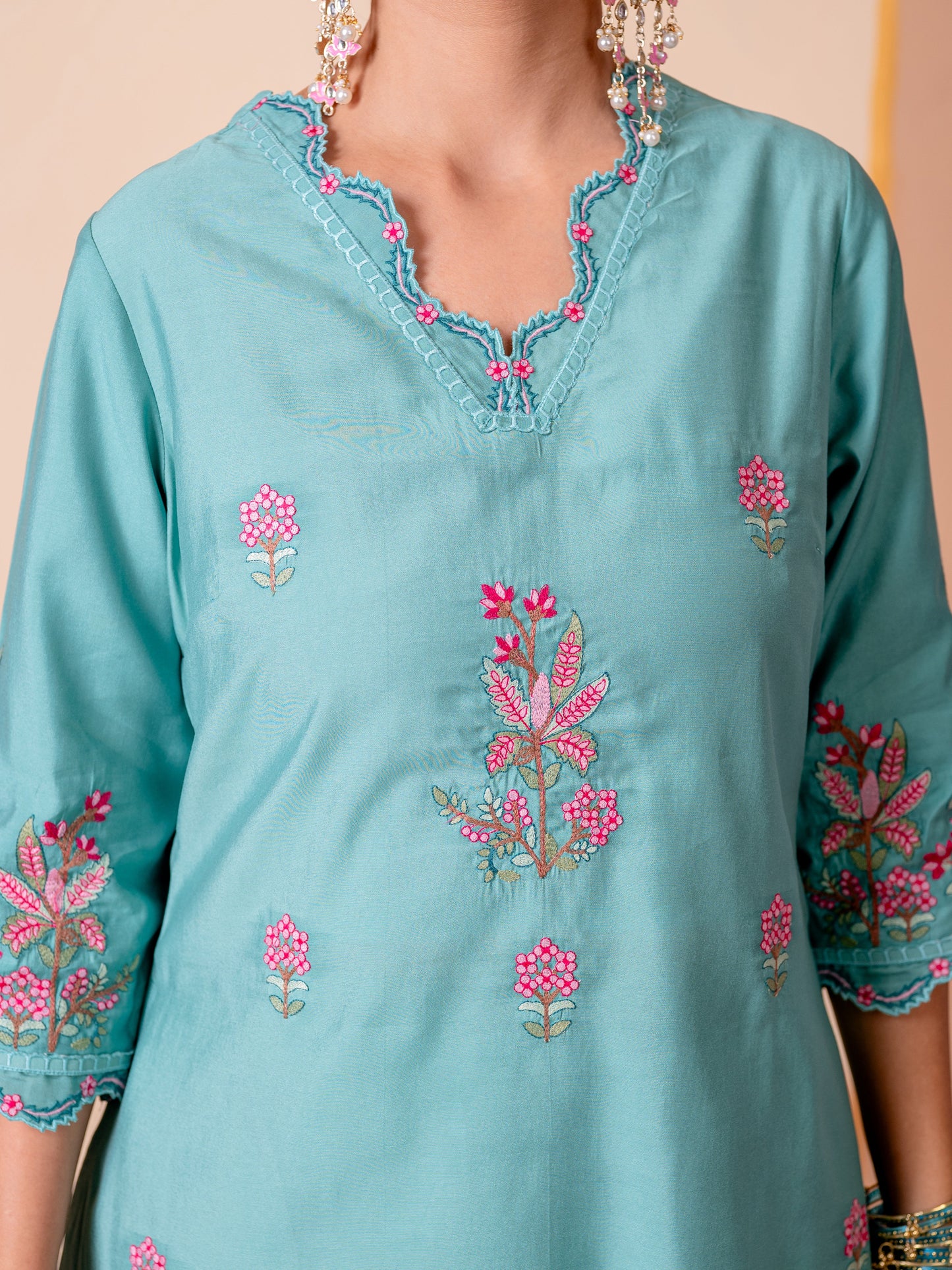 Embroidered Chanderi Solid Straight Teal Kurta