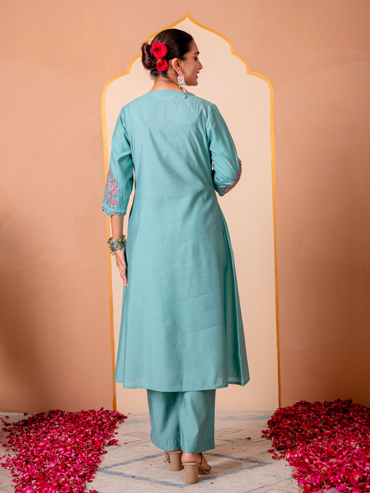 Embroidered Chanderi Solid Straight Teal Kurta