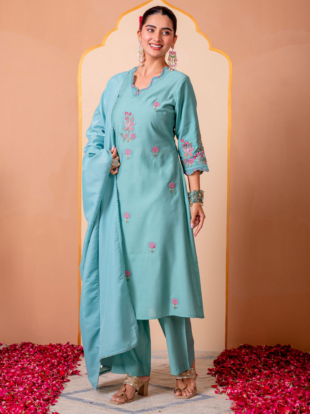 Embroidered Chanderi Solid Straight Teal Kurta
