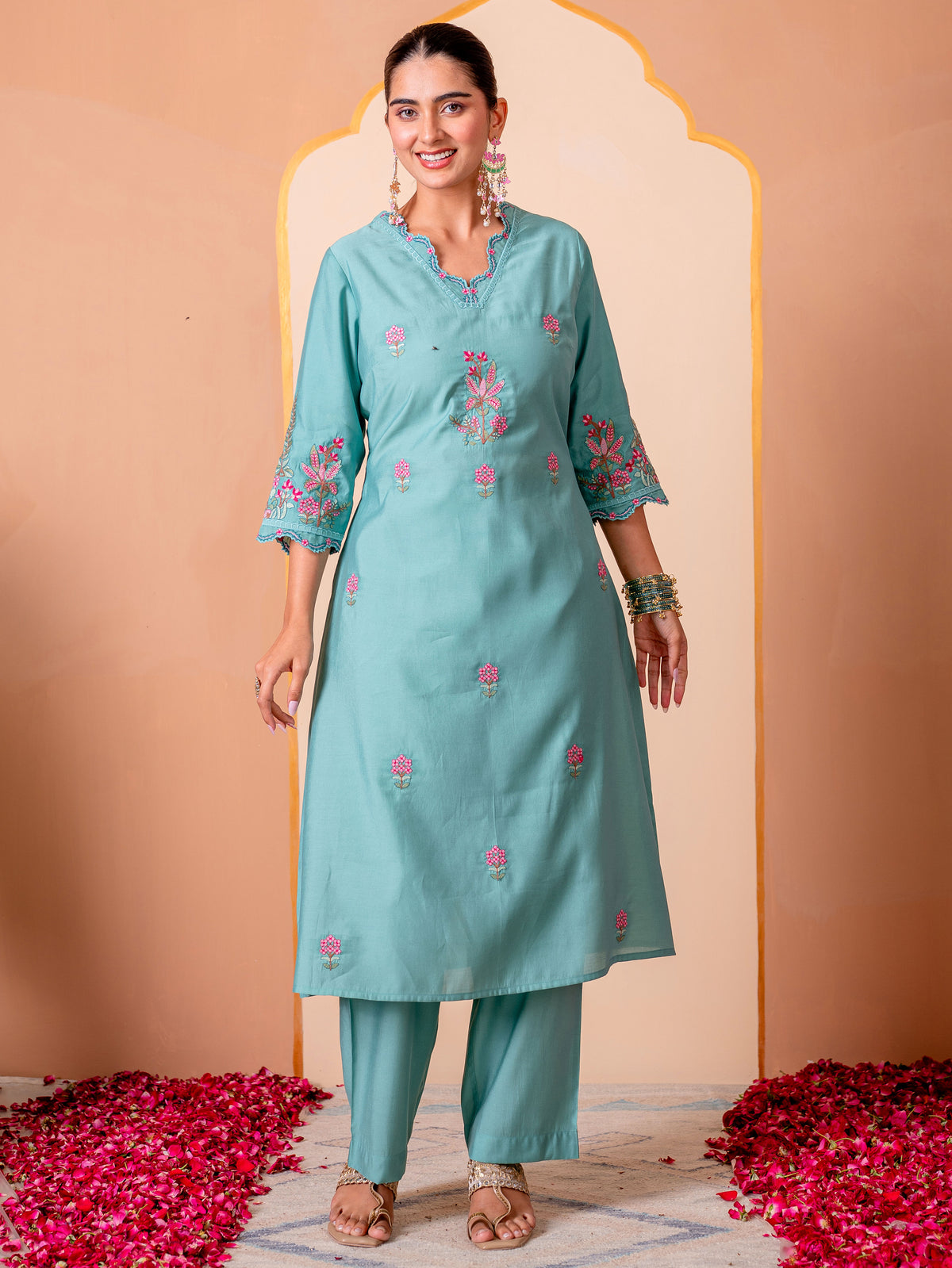 Embroidered Chanderi Solid Straight Teal Kurta