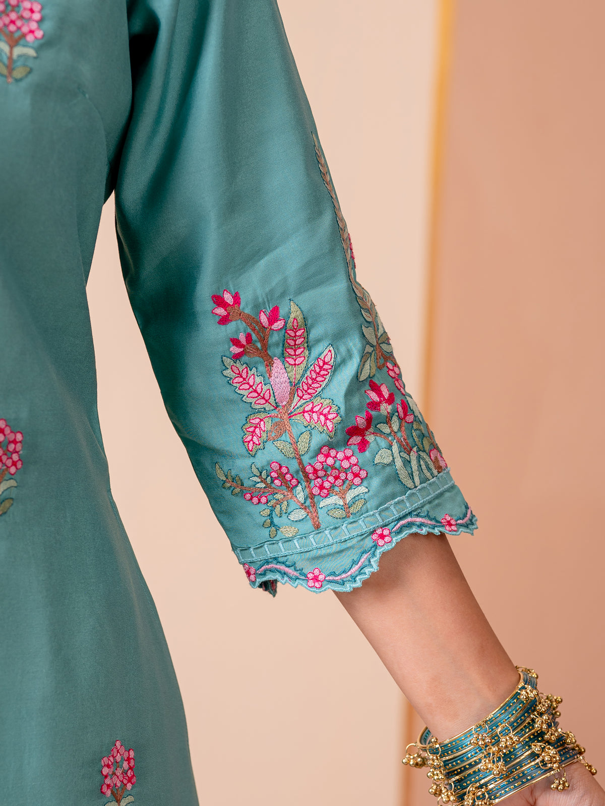 Embroidered Chanderi Solid Straight Teal Kurta