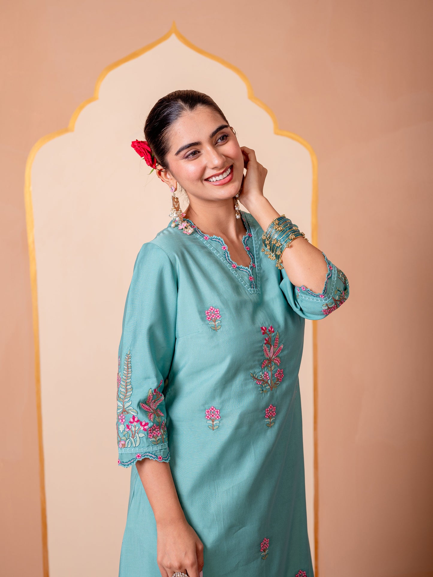 Embroidered Chanderi Solid Straight Teal Kurta