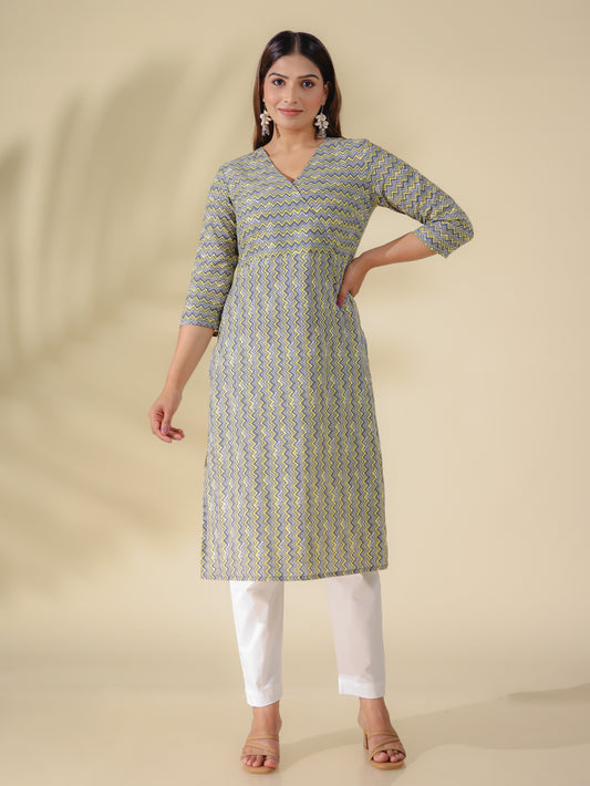 Soft Cotton Chevron Angrakha Blue Kurta