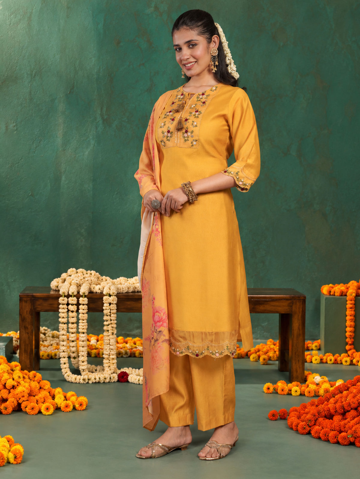Blended Silk Floral Yellow Dupatta