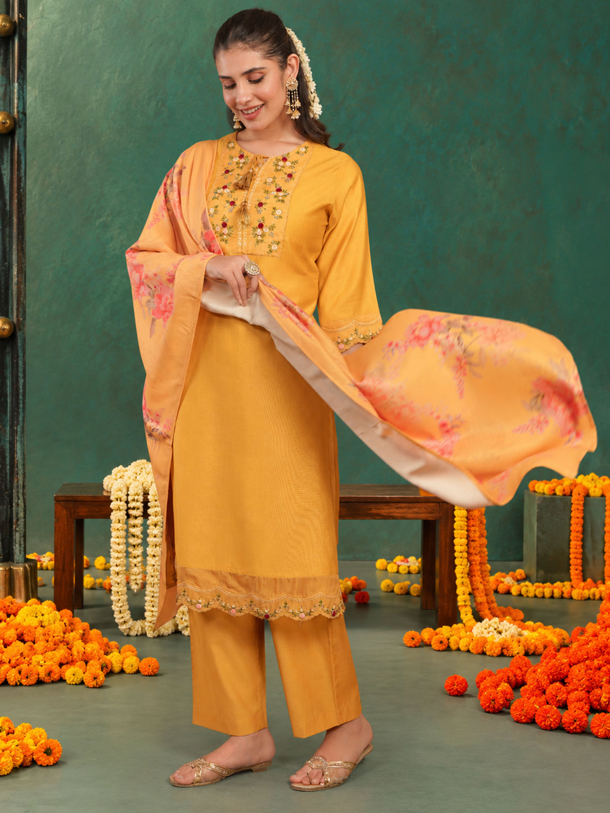 Blended Silk Floral Yellow Dupatta