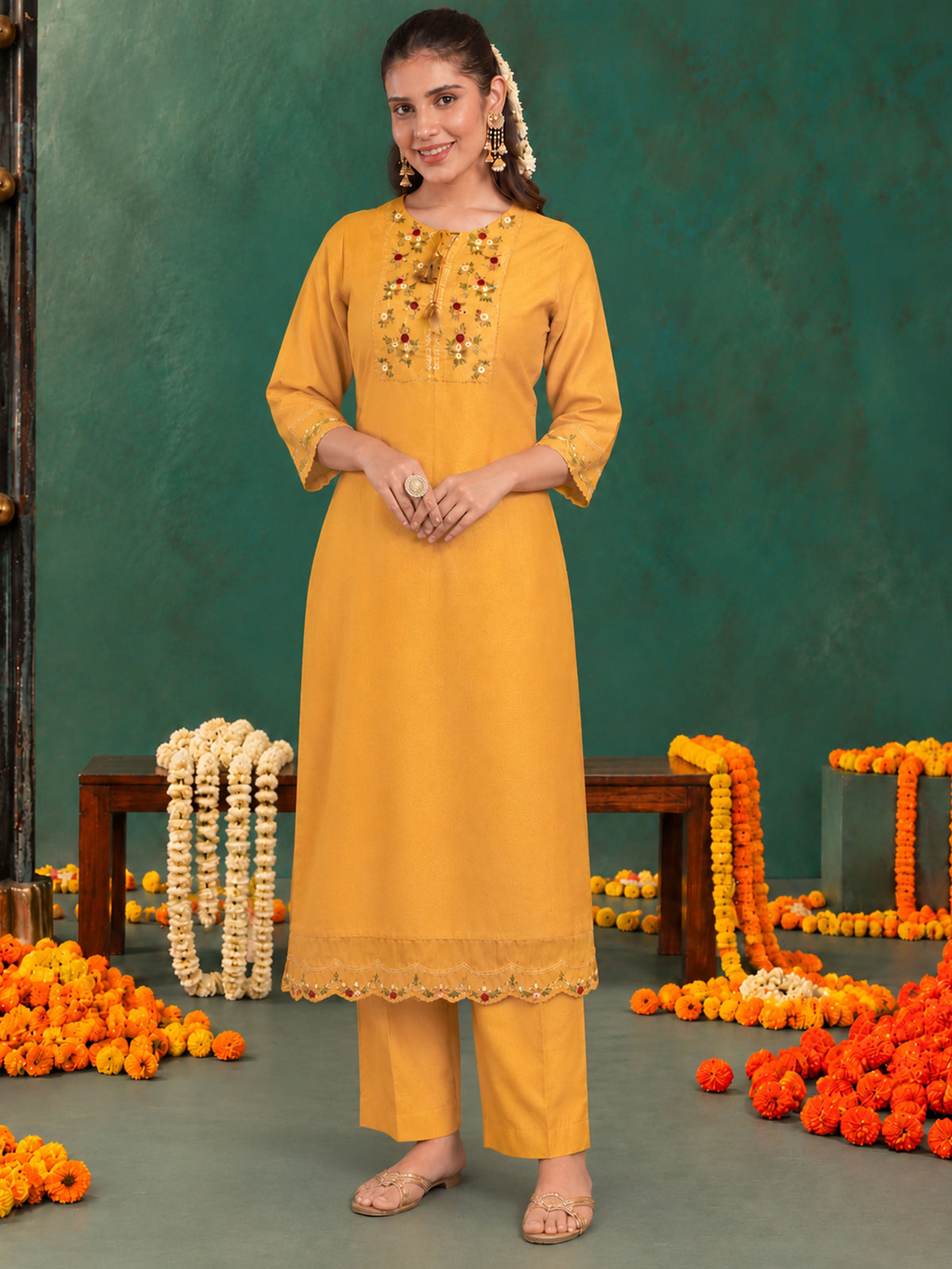 Embroidered Blended Silk Solid Straight Yellow Kurta