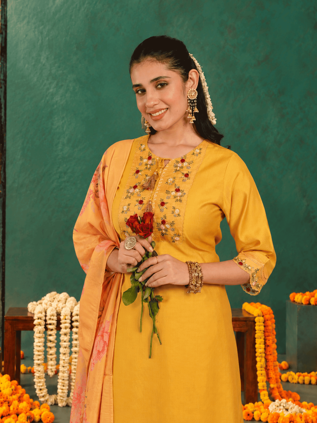 Embroidered Blended Silk Solid Straight Yellow Kurta