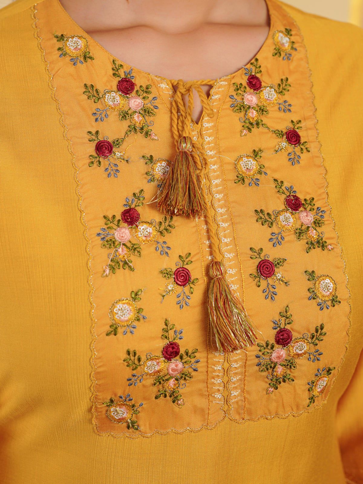 Embroidered Blended Silk Solid Straight Yellow Kurta