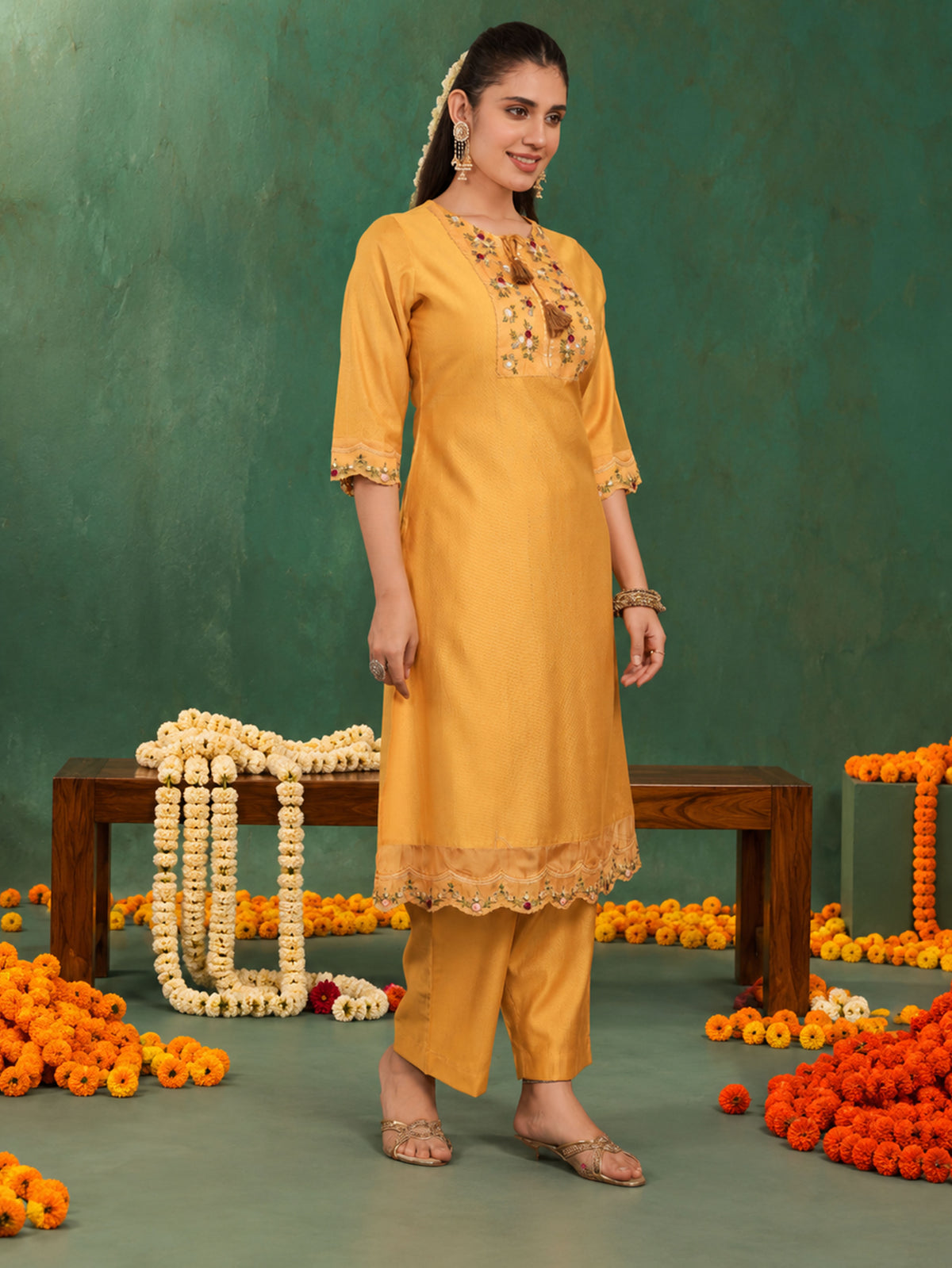 Embroidered Blended Silk Solid Straight Yellow Kurta