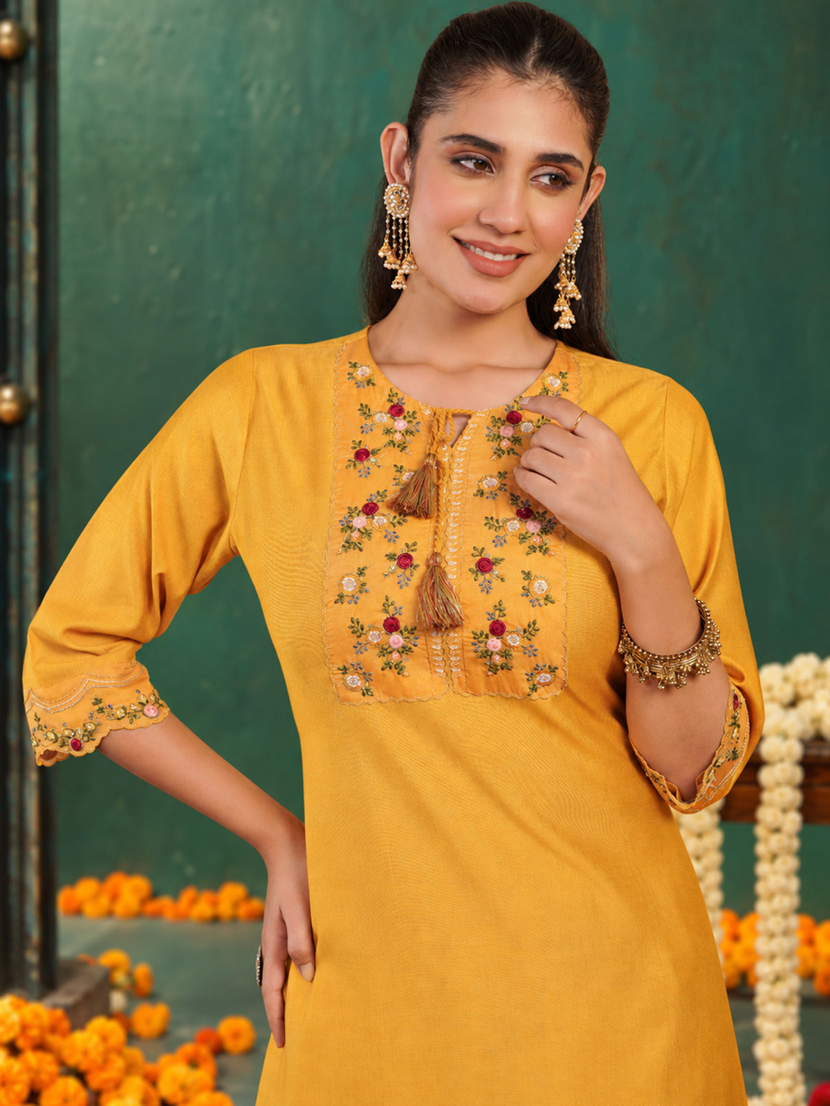 Embroidered Blended Silk Solid Straight Yellow Kurta