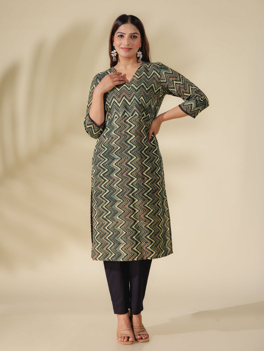 Soft Cotton Chevron Angrakha Green Kurta