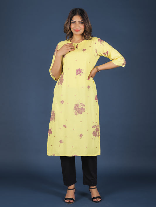Soft Cotton Gold foil Straight Yellow Kurta