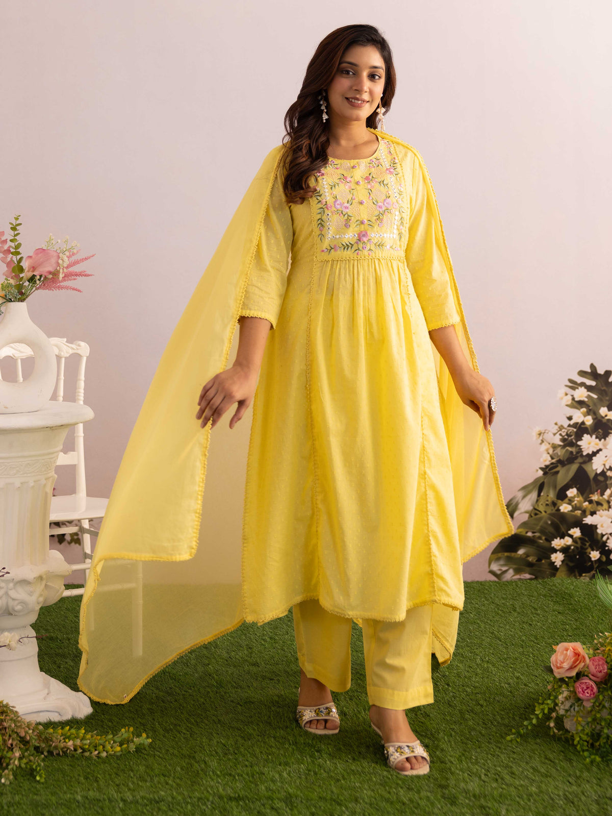 Embroidered Cotton Dobby Solid A-Line Yellow Kurta