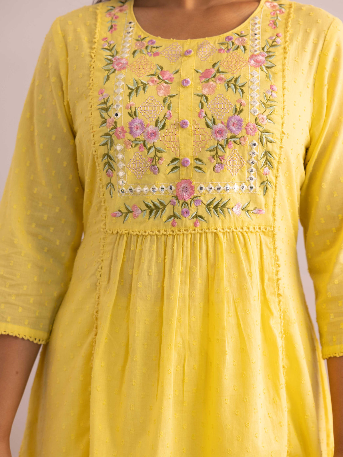 Embroidered Cotton Dobby Solid A-Line Yellow Kurta