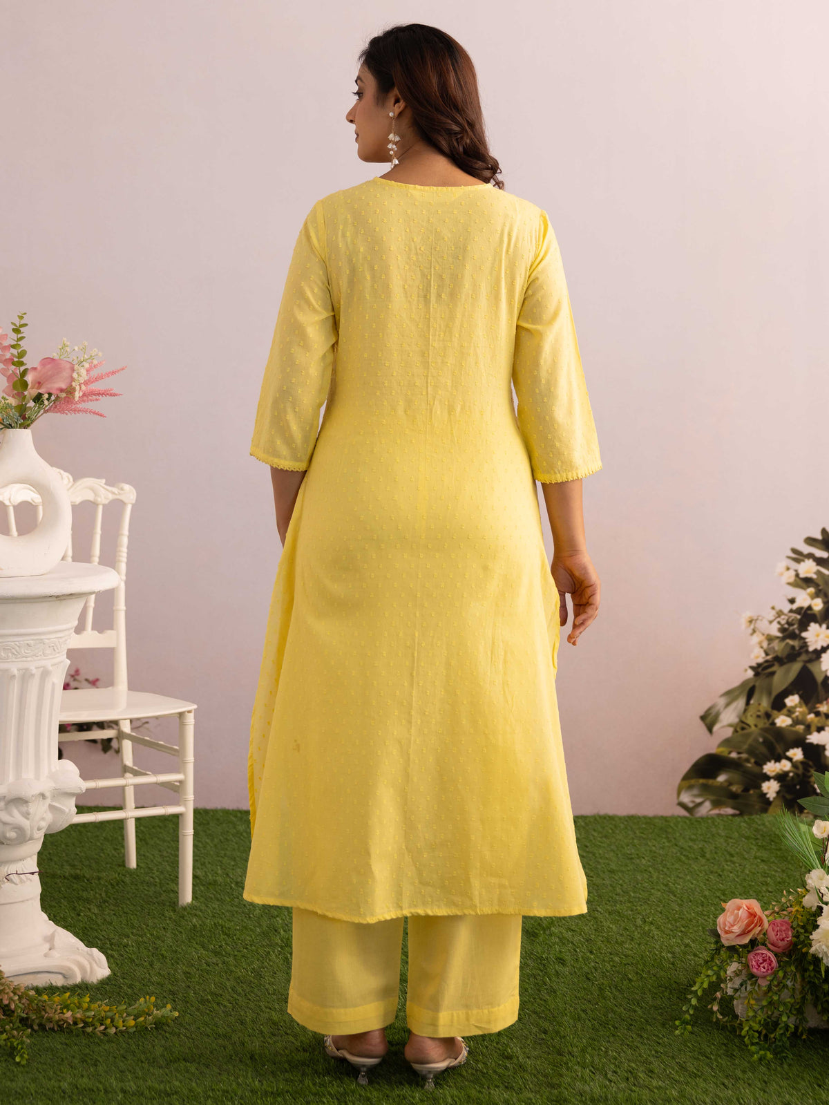 Embroidered Cotton Dobby Solid A-Line Yellow Kurta