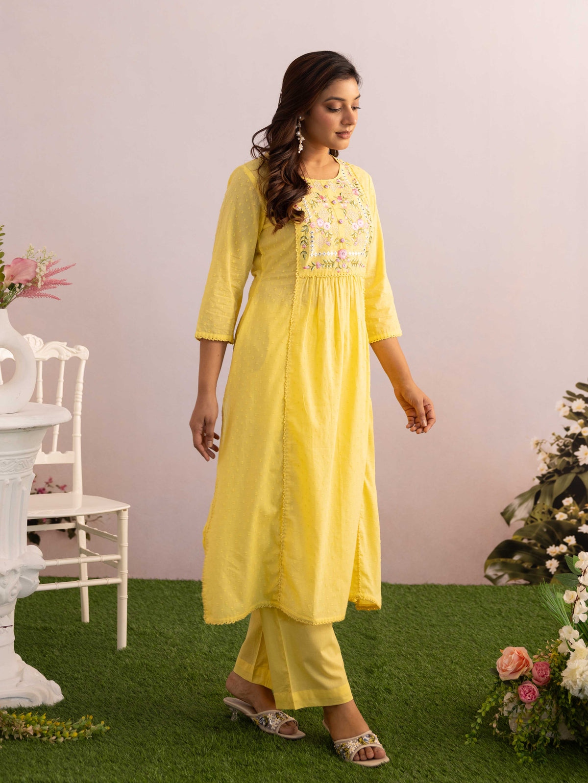 Embroidered Cotton Dobby Solid A-Line Yellow Kurta