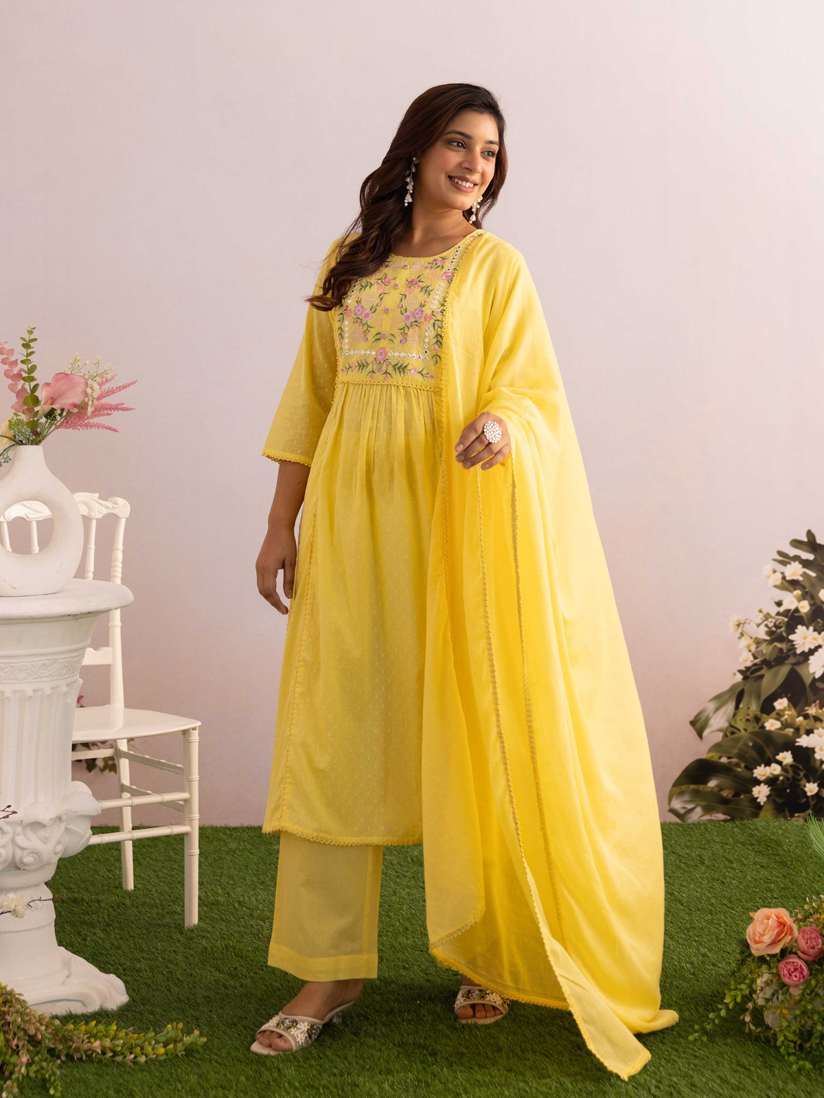 Embroidered Cotton Dobby Solid A-Line Yellow Kurta