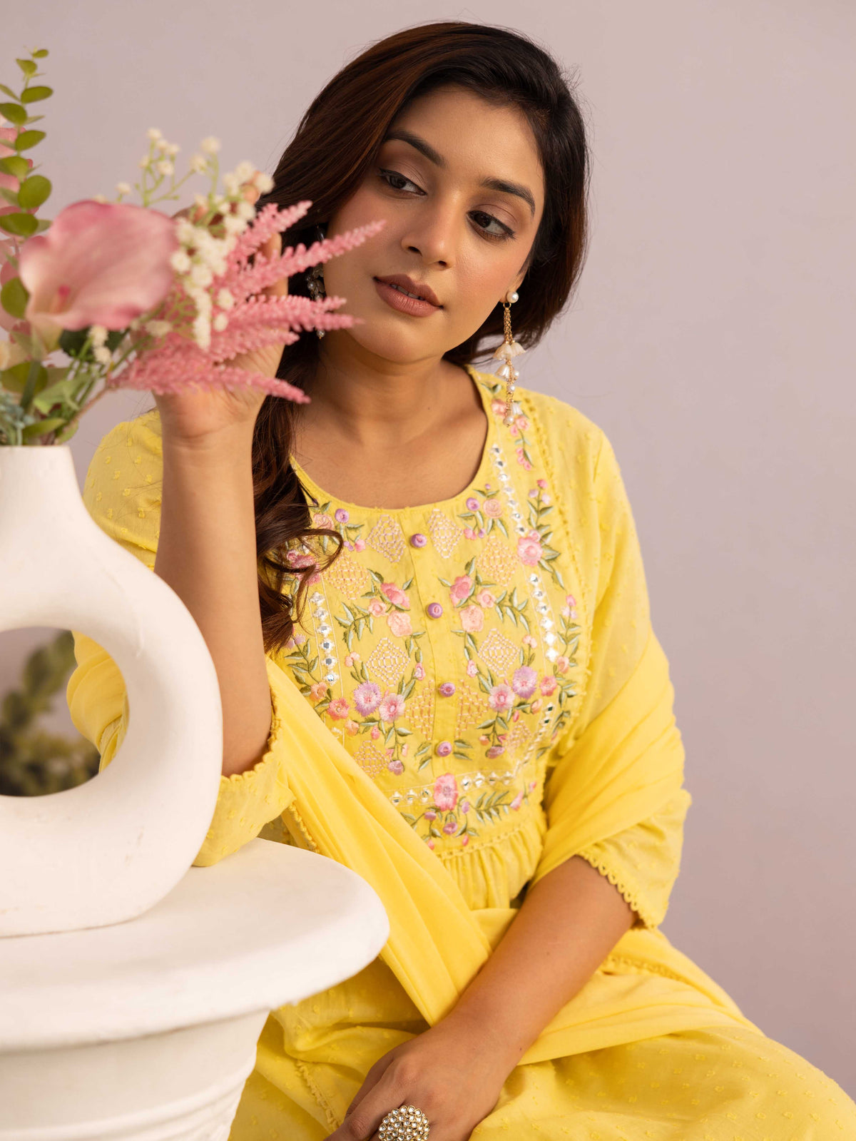 Embroidered Cotton Dobby Solid A-Line Yellow Kurta