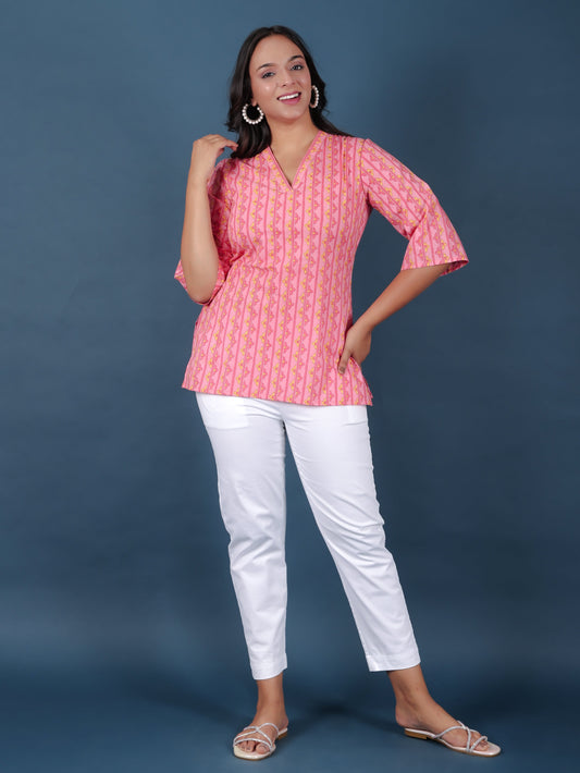 Soft Cotton Striped Straight Pink Kurti