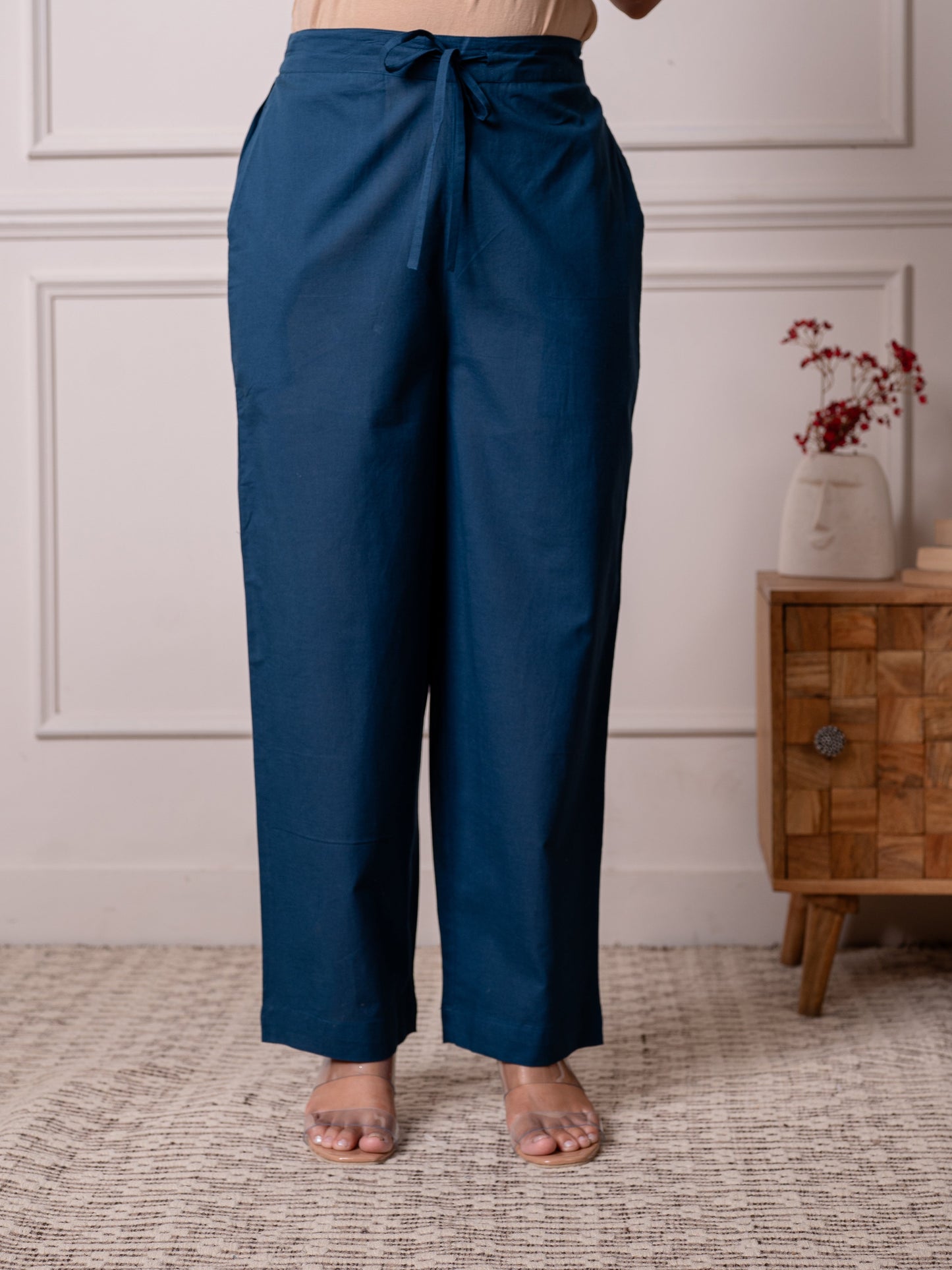 Soft cotton Solid Blue Straight Trousers