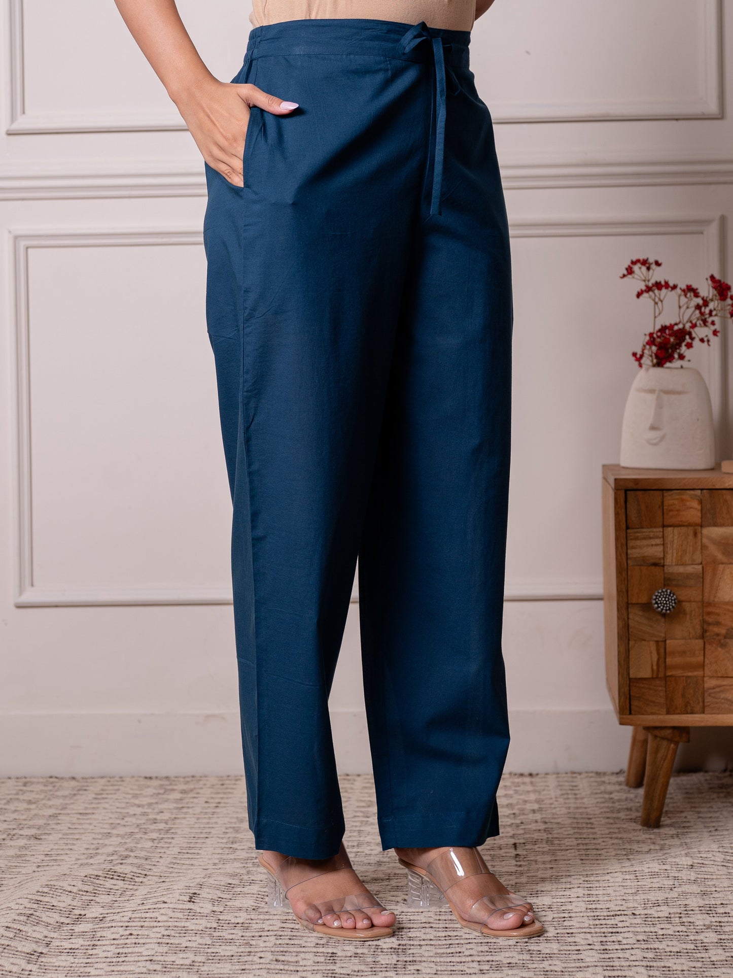Soft cotton Solid Blue Straight Trousers