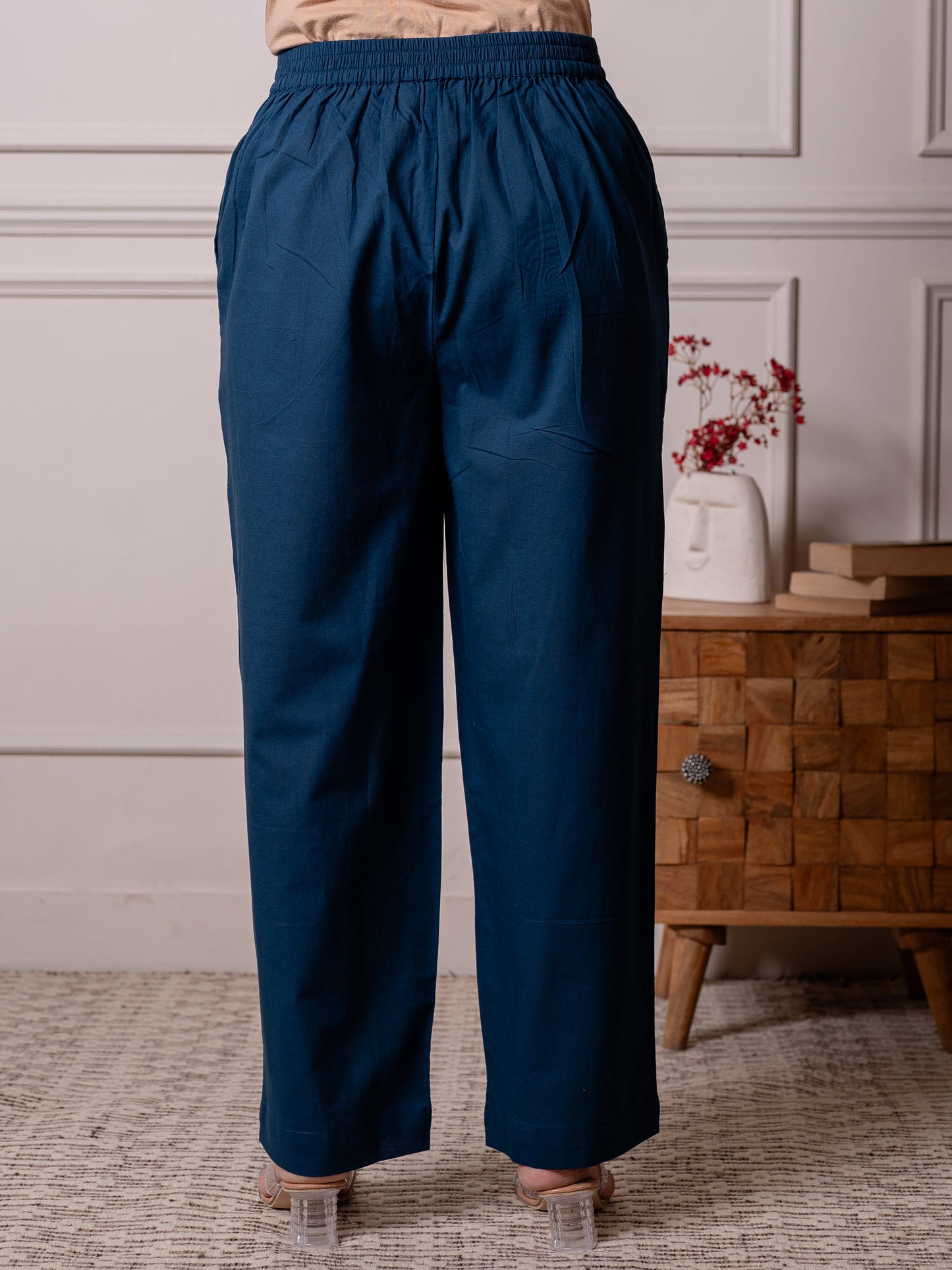 Soft cotton Solid Blue Straight Trousers