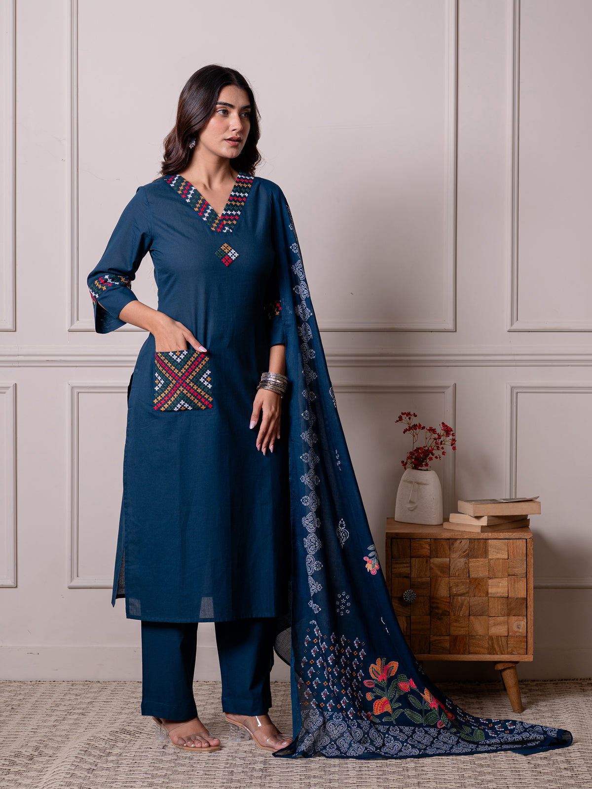 Cotton Voile Floral Dupatta Blue Dupatta