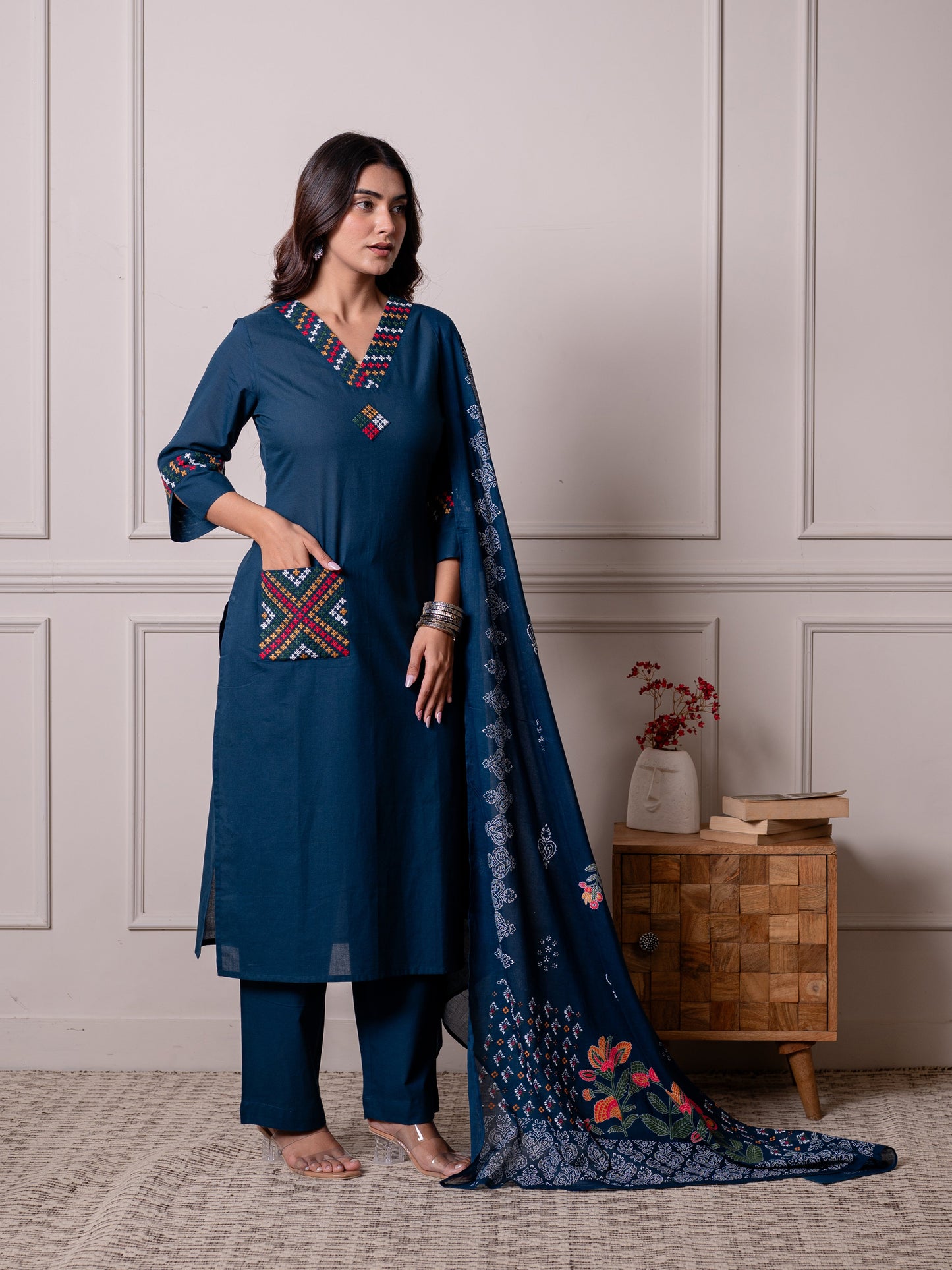 Cotton voile Floral Dupatta Blue Dupatta