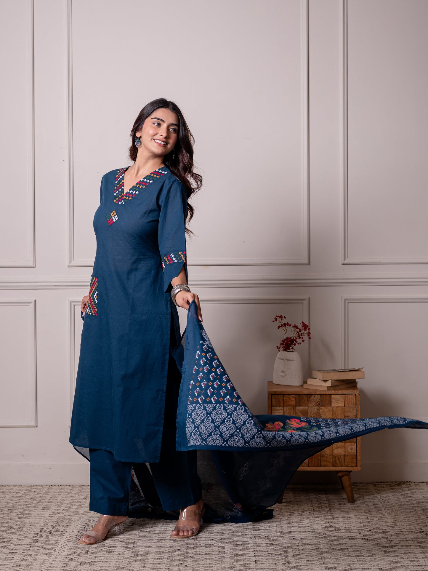 Cotton voile Floral Dupatta Blue Dupatta