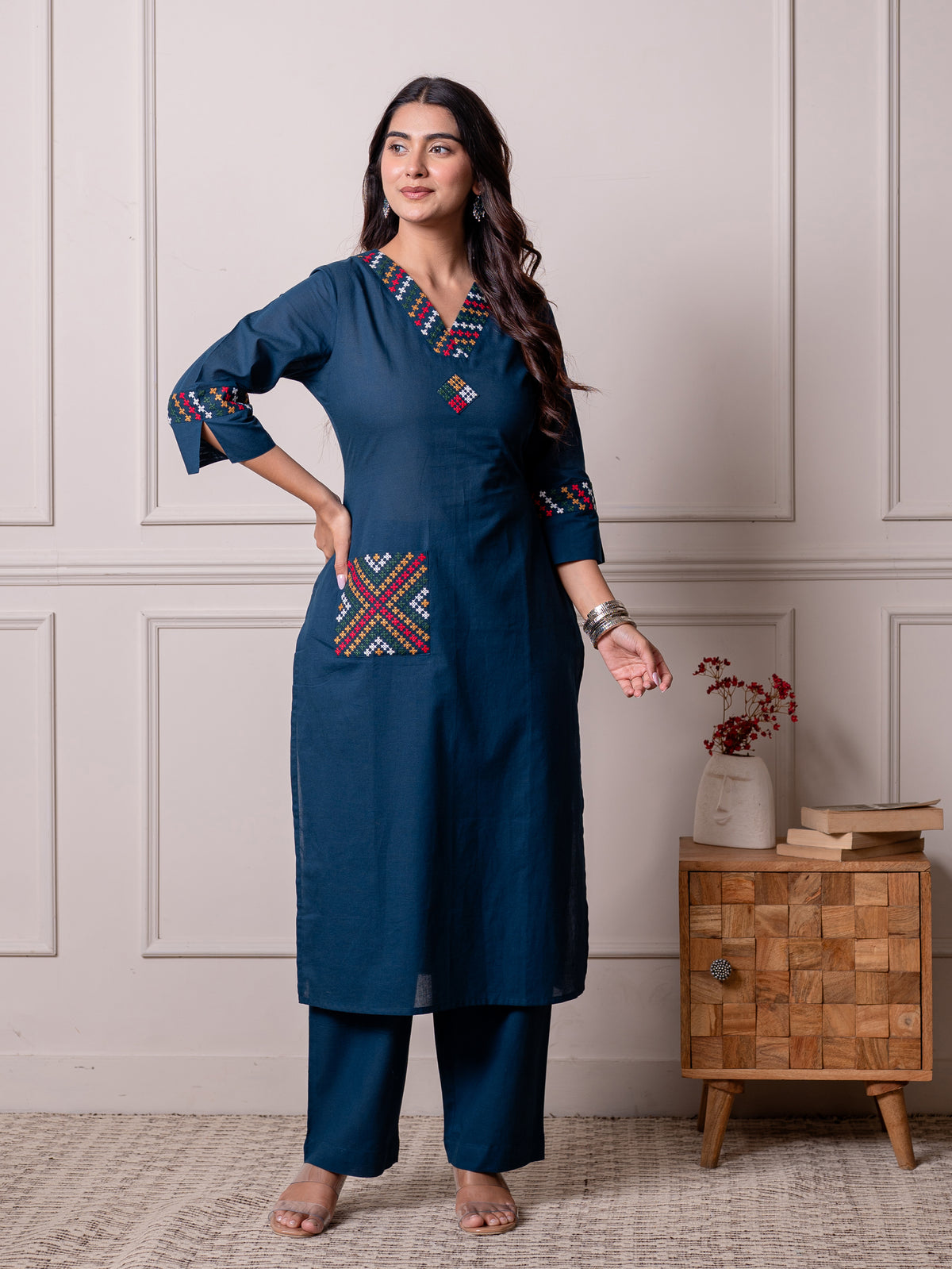 Embroidered Soft Cotton Solid Straight Blue Kurta